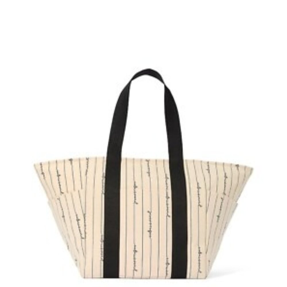Victoria's Secret Script Logo Stripped Canvas Tote Bag Beige & Black New Sealed